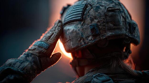 Saluting soldier in camouflage gear, wearing helmet with flag, facing sunset. The light creates a dramatic silhouette effect, highlighting texture on the uniform and helmet photo