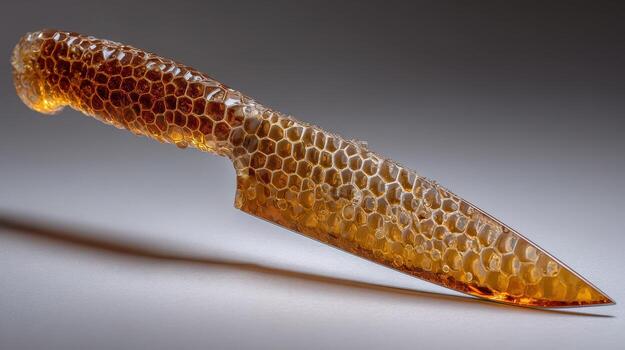 Intricately crafted translucent knife with a honeycomb pattern on the surface, showcasing its unique design. The blade and handle seamlessly transition, highlighting an amber hue photo
