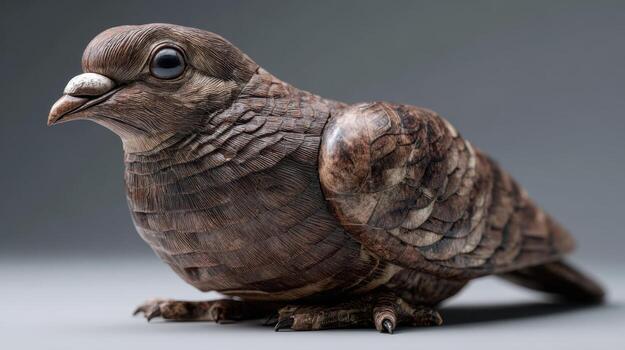 Carved wooden bird sculpture with intricate detailing, showcasing realistic feather patterns and lifelike expression. The artistry highlights craftsmanship and natural aesthetics artistically photo