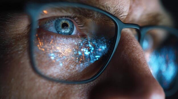 Close-up of person's eye wearing glasses, reflecting a vibrant digital display with blue and orange lights. The expression is focused, capturing the high-tech atmosphere photo