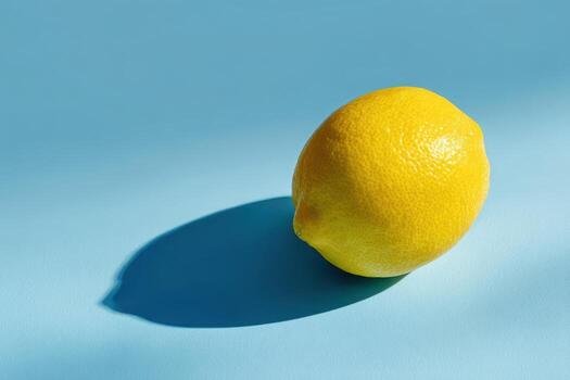 Bright yellow lemon casts a shadow on a flat surface. The lighting highlights the lemon's vibrant color and texture, creating a contrast against the smooth background photo