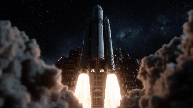 Rocket launches powerfully into the starry night sky, surrounded by clouds of smoke. Intense flames erupt from engines, casting vivid light, highlighting the vehicle's sleek form photo