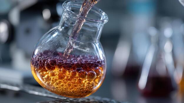 A round-bottom flask filled with a bubbling orange and purple liquid, suspended at an angle. The liquid is being poured with a blurred background, suggesting a laboratory setting photo