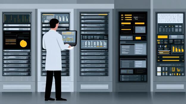 Technician analyzing digital data on a tablet near servers with colorful charts and graphs, wearing a white coat. Server racks display various analytics and graphs photo