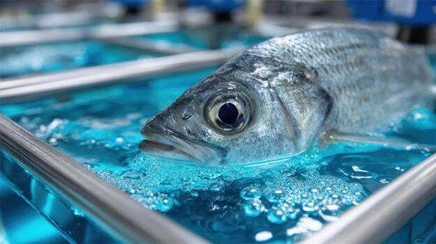 Long fresh fish rests in metallic container filled with bubbling vibrant aqua water, creating a dynamic aquatic atmosphere. The lighting accentuates the fish's shiny scales photo
