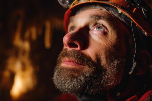 Focused man in a helmet looks upward in dim cave lighting, emphasizing his rugged features and determination. He wears caving gear, and his beard is prominently highlighted photo