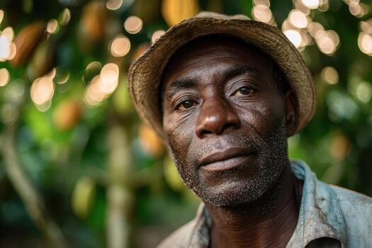Rugged man wearing straw hat with contemplative expression, surrounded by blurred greenery and bokeh lights. Earthy, natural tones dominate, emphasizing texture and depth photo