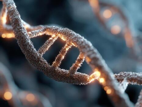 Close-up of a DNA double helix with glowing light strands, depicting genetic material. The structure is detailed, emphasizing the intricate nature of molecular biology photo
