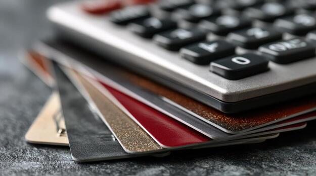 Stacked plastic cards with varied colors lie beside a black and grey calculator on a textured surface. The calculator's buttons are clearly visible, highlighting numbers photo