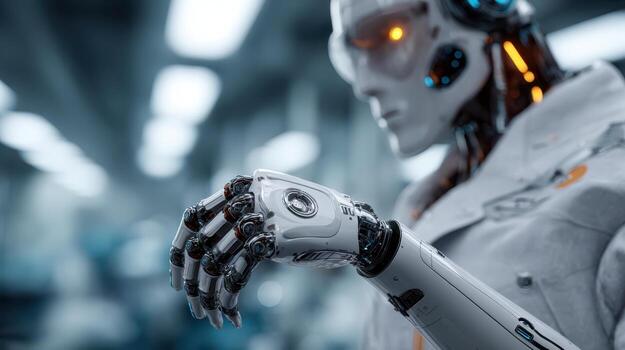 A humanoid robot with intricate metal designs and a visible arm is shown in focus, displaying detailed mechanisms. Bright lights and blurred forms are present in the background photo
