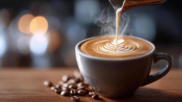Steaming cup of coffee with intricate latte art on a wooden table, surrounded by scattered coffee beans. Cream is being poured from a small pitcher, creating ripples in the foam photo