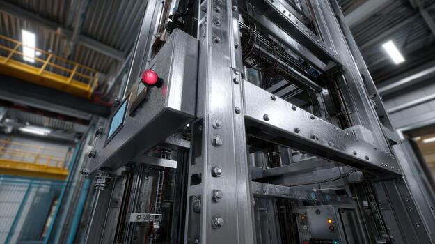 acero marco de referencia con industrial máquina partes, pernos, y un rojo emergencia botón. gastos generales Encendiendo y metal estructuras son en el fondo, dando un industrial atmósfera foto