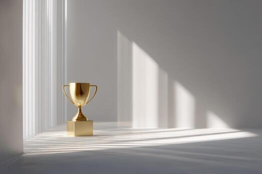 Golden trophy on a square base casting shadows through vertical light beams, positioned away from walls, in an empty, well-lit space with soft shadows enhancing elegance photo