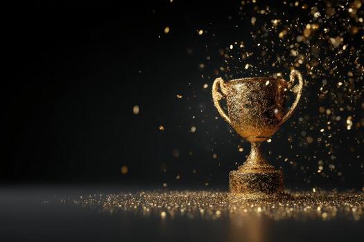 Golden trophy cup with handles, covered in shimmering gold particles. Particles are scattered around, creating a dazzling, celebratory appearance. The scene conveys achievement and success photo