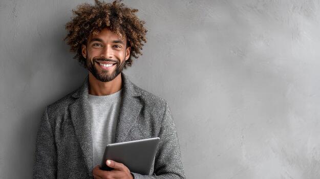 Smiling man with curly hair and beard wearing a gray jacket holds a digital tablet confidently. The concrete wall in the background adds texture to the modern, professional setting photo