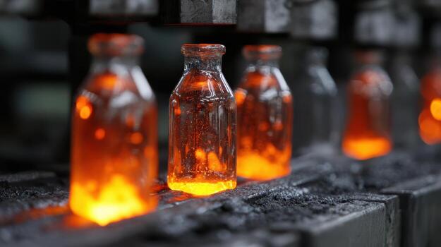 Glass bottles glowing with heat sit in a row on a conveyor as part of a manufacturing process, displaying bright orange hues against a darker industrial backdrop photo