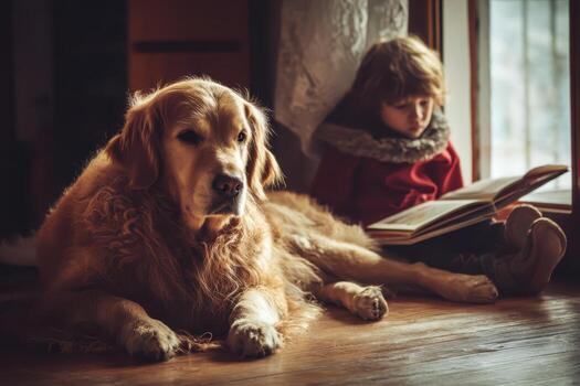 un grande dorado perro mentiras en un de madera piso junto a un niño vistiendo un rojo abrigo, quien es sentado en contra un ventana con un abierto libro. el ajuste exuda calor y comodidad foto