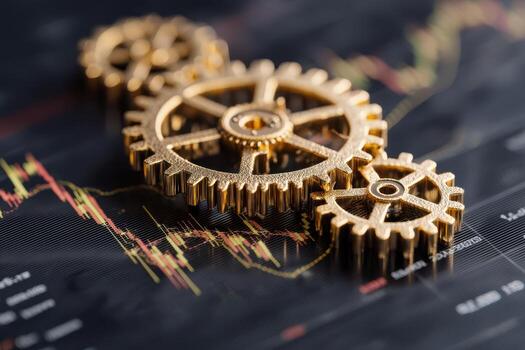Golden gears interlock on a financial chart background with fluctuating lines and data points, symbolizing the interplay between mechanics and financial markets, suggesting industry synergy photo