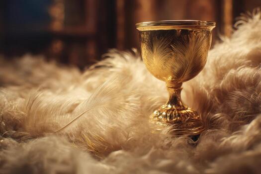 Golden goblet with intricate feather patterns rests on soft, luxurious feathers, creating an opulent and elegant display, highlighted by warm lighting and a blurred background photo