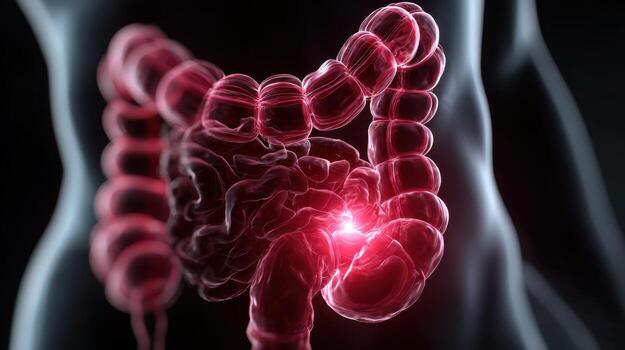 Human body showing a highlighted digestive system, focusing on the intestines with a glowing red section, indicating pain or inflammation. Transparent anatomy view provides an internal look photo