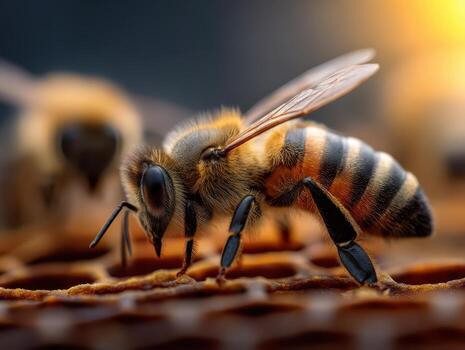 Close-up of a bee with distinct striped abdomen and translucent wings on a honeycomb. In the background, another bee is visible. The image captures warmth and vibrant details photo