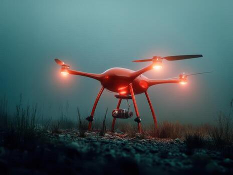 A red quadcopter drone with glowing lights hovers above a misty, rocky ground surrounded by tall grass and fog, creating an eerie and futuristic atmosphere. No text present photo