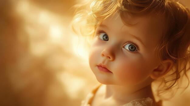 Curly-haired toddler looks up, bathed in warm, golden light. Soft-focus background complements innocent, expressive eyes and delicate facial features, creating a tender, serene atmosphere photo
