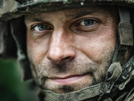 Close-up of a man in military attire, wearing a camouflage helmet with chin strap. He has a slight smile, stubbled face, and piercing eyes, showing confidence and resilience photo