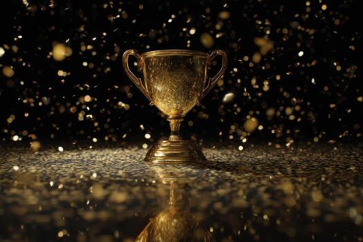 Golden trophy with two handles on a reflective surface, surrounded by shimmering golden particles floating in the air, creating a celebratory and triumphant atmosphere photo
