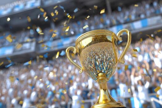 Golden trophy with two handles gleaming amidst celebratory blue and gold confetti, blurred stadium background crowded with cheering fans, suggesting a victorious event photo