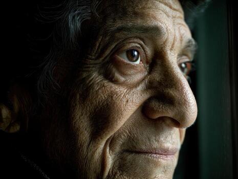 mayor del hombre pensativo mirada, profundo ojos, y detallado arrugas contar un historia de sabiduría y experiencia. su expresión es calma y pensativo, con sutil Encendiendo mejorando caracteristicas foto