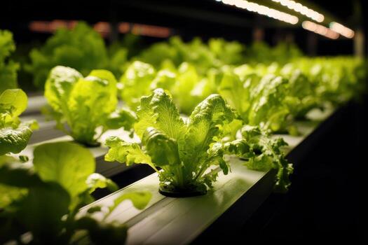 Fresh green lettuce plants growing under controlled lighting, arranged in neat rows on a hydroponic setup. Lush leaves exhibit healthy growth with a focus on sustainable agriculture photo