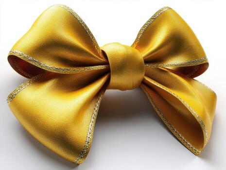 A bright yellow bow with elegant silver trim, crafted from smooth fabric, appears symmetrical with gracefully curved loops and tails, forming a visually appealing decorative accessory photo