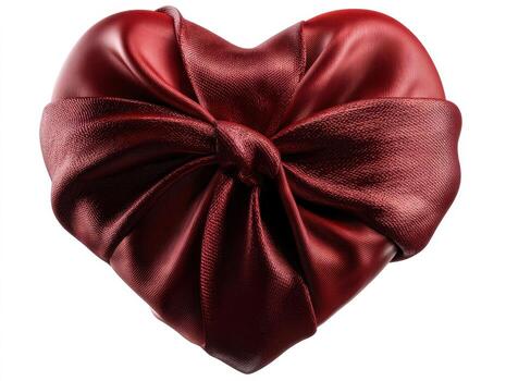 Heart-shaped object wrapped in deep red, shiny textured fabric, knotted neatly at the front, creating a smooth and elegant appearance, highlighting luxurious and romantic themes photo