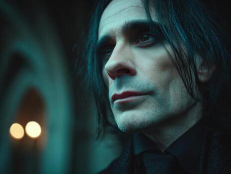 Dark-haired person with long hair gazes towards the side, illuminated by soft lighting, wearing a black outfit. The background is blurred with soft arches and a warm glow photo