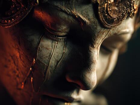 Ancient sculpture depicting a close-up of a face with intricate details and ornate patterns. Warm lighting highlights cracked textures and tears, creating an emotional, mystical atmosphere photo
