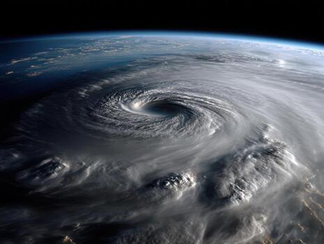 A swirling mass of clouds forms a powerful storm system over Earth's surface, illustrating natural forces. The storm's eye is visible, surrounded by dense cloud formations. No text visible photo