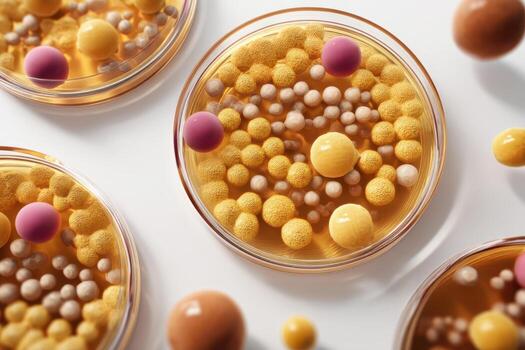 Petri dishes filled with diverse, colorful spheres resembling microbial colonies, showcasing an array of textures and hues in a scientific and artistic arrangement photo