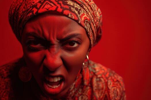 Fierce expression on a person wearing patterned headwrap and outfit in dramatic red lighting, eyebrows furrowed, lips parted, intense gaze, and circular earrings visible photo