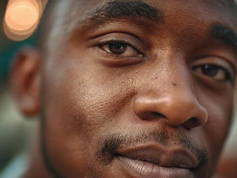 de cerca de un del hombre cara con suave piel, enfocado ojos, y un amable expresión. detalles de facial caracteristicas me gusta Cejas y labios son afilado, con cálido, difundido Encendiendo mejorando profundidad foto