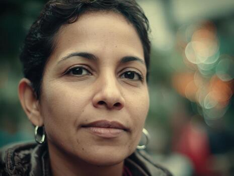 Focused portrait of a woman with brown hair and silver hoop earrings, set against a softly blurred multi-colored bokeh background, creating a contemplative and serene atmosphere photo
