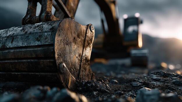 Close-up of a metal excavator bucket digging into rocky terrain at dawn or dusk, highlighted by dramatic lighting and a blurred background, emphasizing industrial strength photo