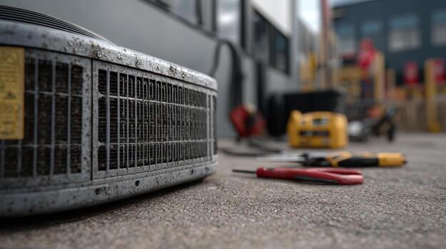 Rusty metal equipment with a grated surface in the foreground blurred tools, including screwdrivers, lie on concrete. In the background, industrial and construction elements are visible photo