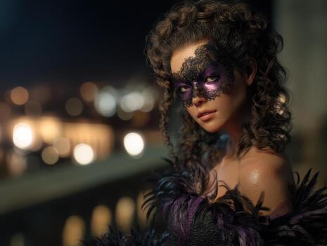 Elegant woman with intricate lace mask and curly hair gazes intensely, adorned in feathered attire. Background shows blurred city lights, creating a dreamy bokeh effect photo