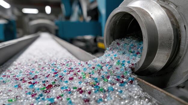 Colorful plastic pellets spill from a large metallic cylinder onto a conveyor belt, with a factory background. The image captures a close-up of industrial material processing photo