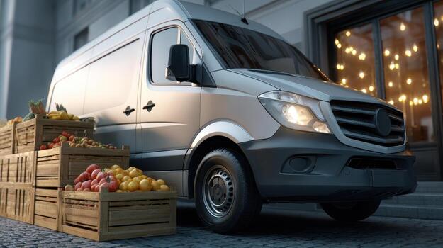 White delivery van parked beside wooden crates filled with assorted fresh fruits and vegetables on cobblestone street, illuminated by soft, warm light from a building window behind photo