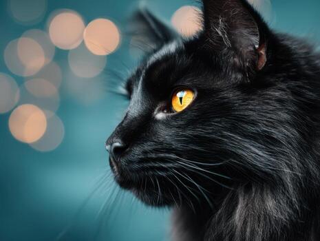 negro gato con largo piel miradas a el Derecha en contra suave bokeh antecedentes. intenso amarillo ojos añadir contraste a el oscuro abrigo. bigotes y orejas son bruscamente definido, creando sorprendentes detalle foto