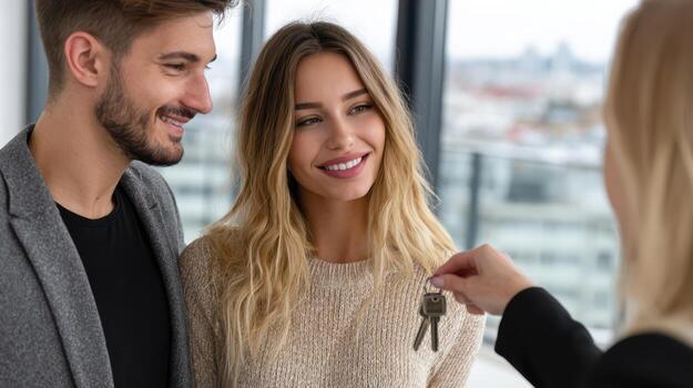 Smiling couple in casual attire receiving keys from a person indoors. Large windows reveal a blurred cityscape in the background. No text is present photo