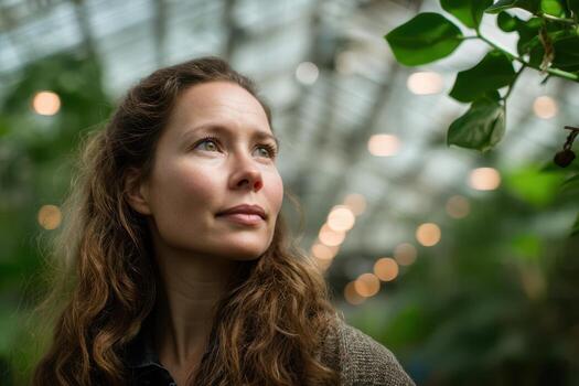 Woman gazes upward, surrounded by greenery and soft bokeh lights inside a greenhouse. Her expression is thoughtful and serene, with softly falling wavy hair photo