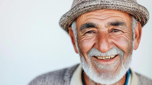 Elderly man with a white beard smiling warmly, wearing a textured hat and sweater, exhibiting deep wrinkles and expressive eyes, conveying warmth and wisdom through his joyful expression photo